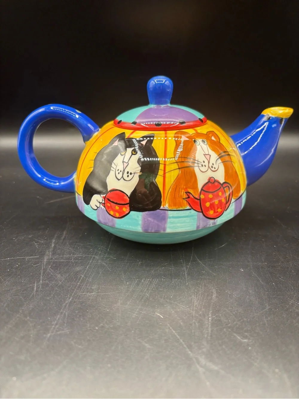 Catzilla 2001 Candace Reiter Design Ceramic Teapot Multicolor Whimsical Cat Bird